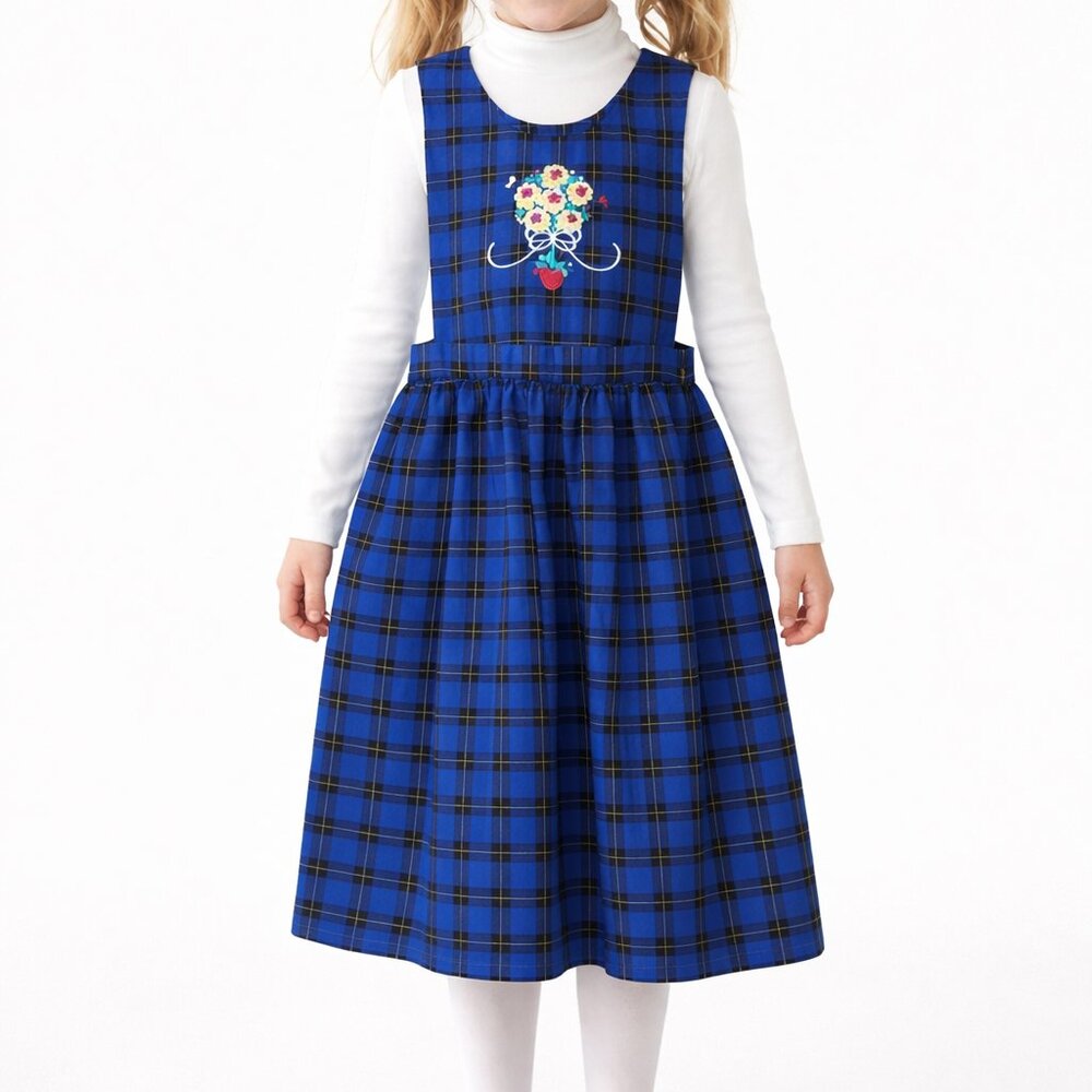 Vintage 1990s Girls 8 Plaid Jumper Flower Embroidery Blue Black Schoolgirl Dress